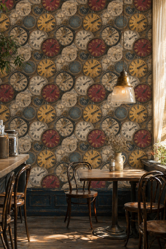 Vintage Clocks Wallpaper Roman Numerals Antique Timepieces Decorative Mural