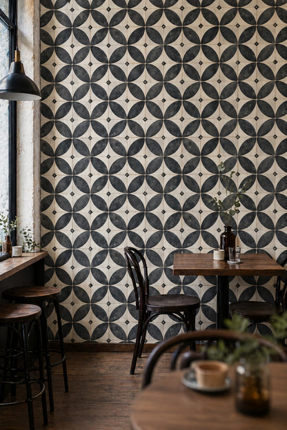 Geometric Tile Wallpaper Petal Motif Distressed Texture Removable Wall Decor