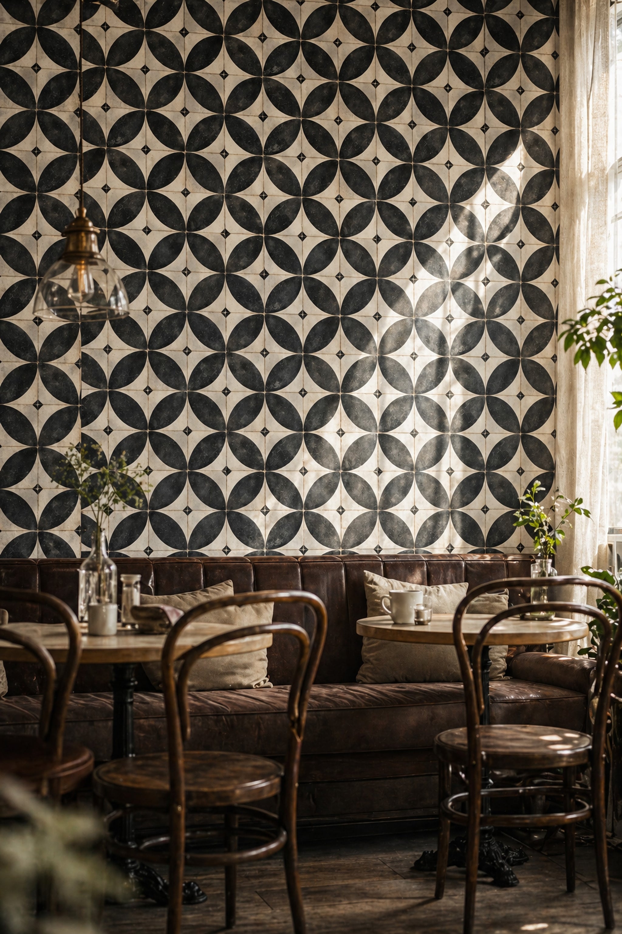 Geometric Tile Wallpaper Petal Motif Distressed Texture Removable Wall Decor
