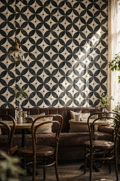 Geometric Tile Wallpaper Petal Motif Distressed Texture Removable Wall Decor