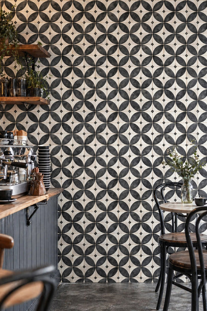 Geometric Tile Wallpaper Petal Motif Distressed Texture Removable Wall Decor