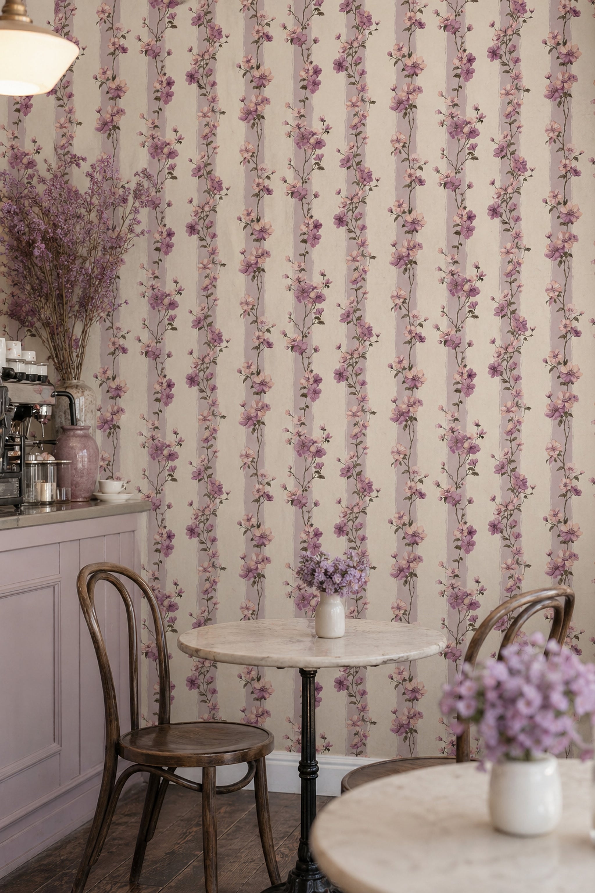Floral Wallpaper Pink And Lavender Blossoms Removable Vertical Stripes Wall Decor