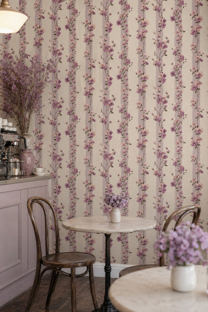 Floral Wallpaper Pink And Lavender Blossoms Removable Vertical Stripes Wall Decor