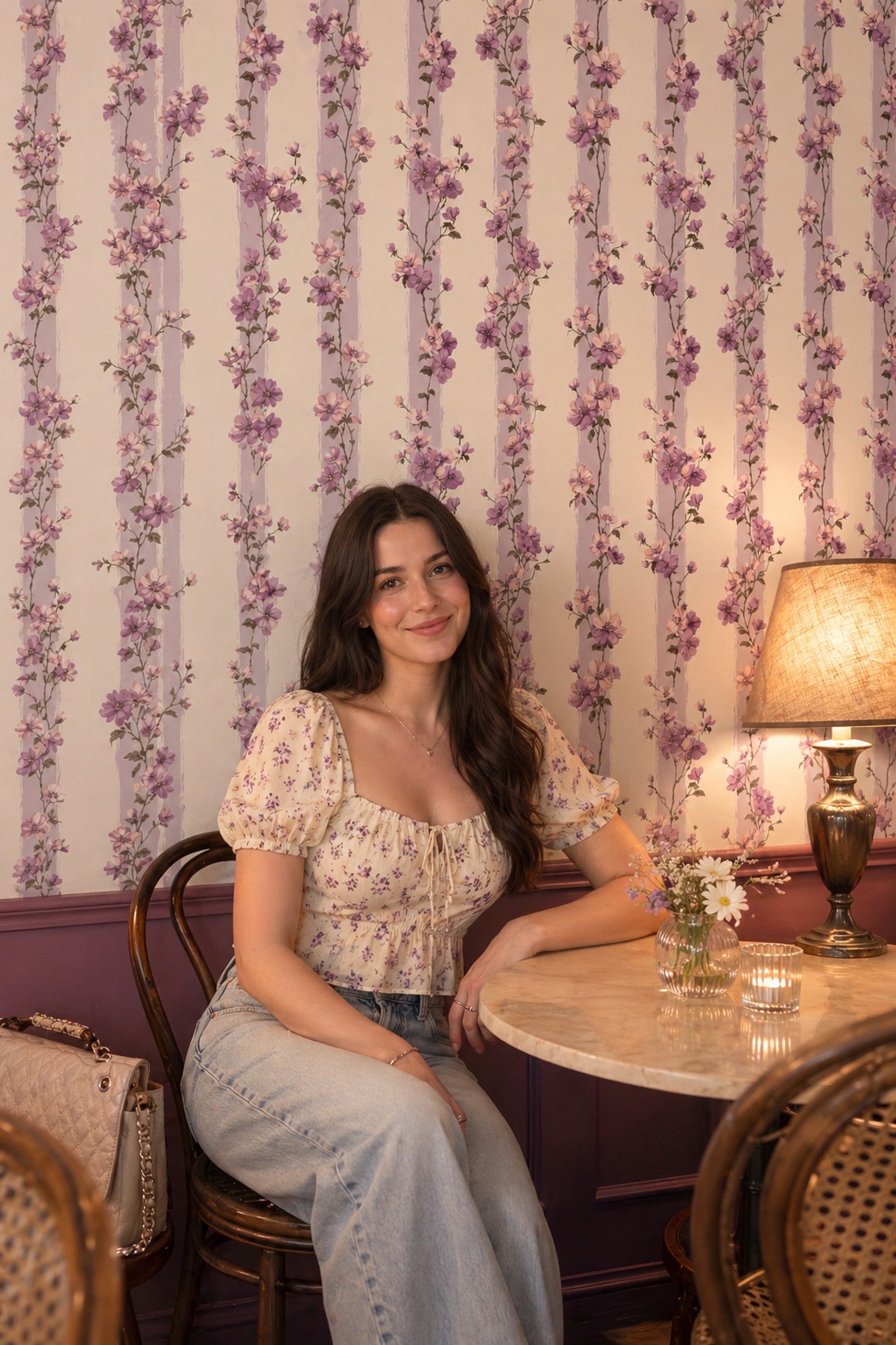 Floral Wallpaper Pink And Lavender Blossoms Removable Vertical Stripes Wall Decor
