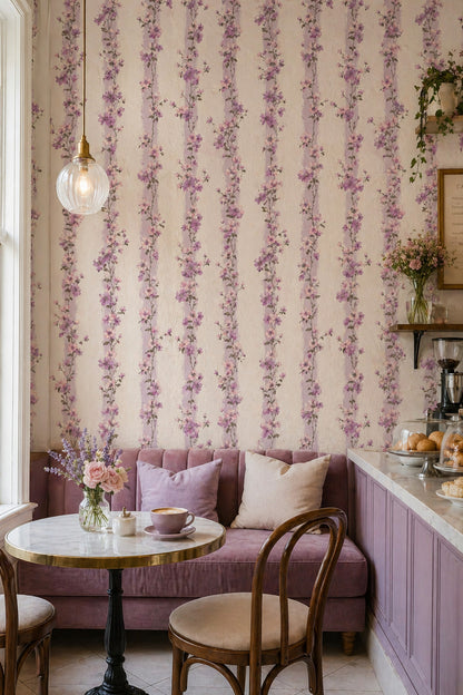 Floral Wallpaper Pink And Lavender Blossoms Removable Vertical Stripes Wall Decor