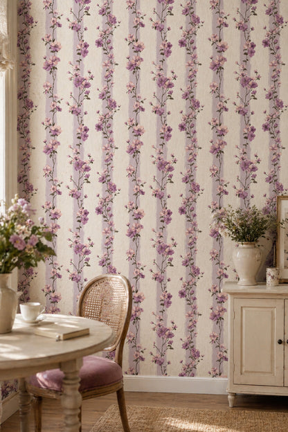 Floral Wallpaper Pink And Lavender Blossoms Removable Vertical Stripes Wall Decor