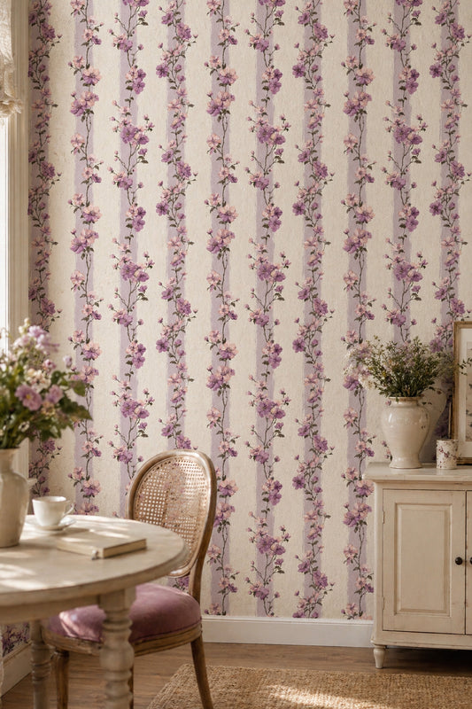 Floral Wallpaper Pink And Lavender Blossoms Removable Vertical Stripes Wall Decor