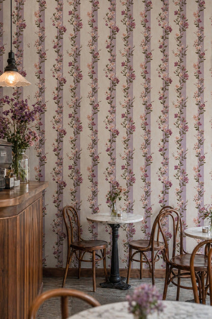 Floral Wallpaper Purple Stripes Romantic Garden Removable Wall Decor