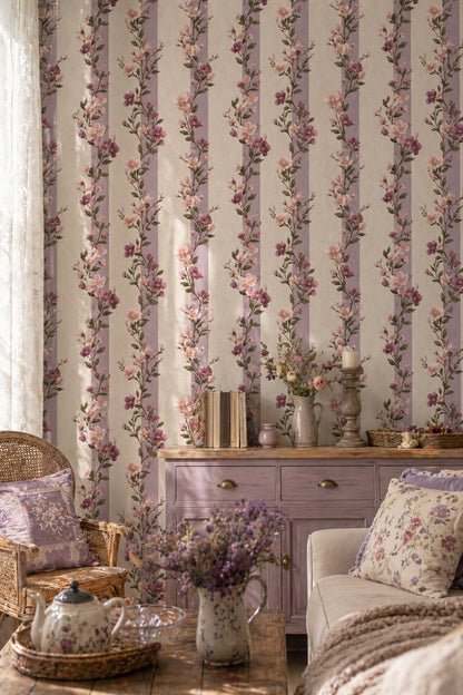 Floral Wallpaper Purple Stripes Romantic Garden Removable Wall Decor