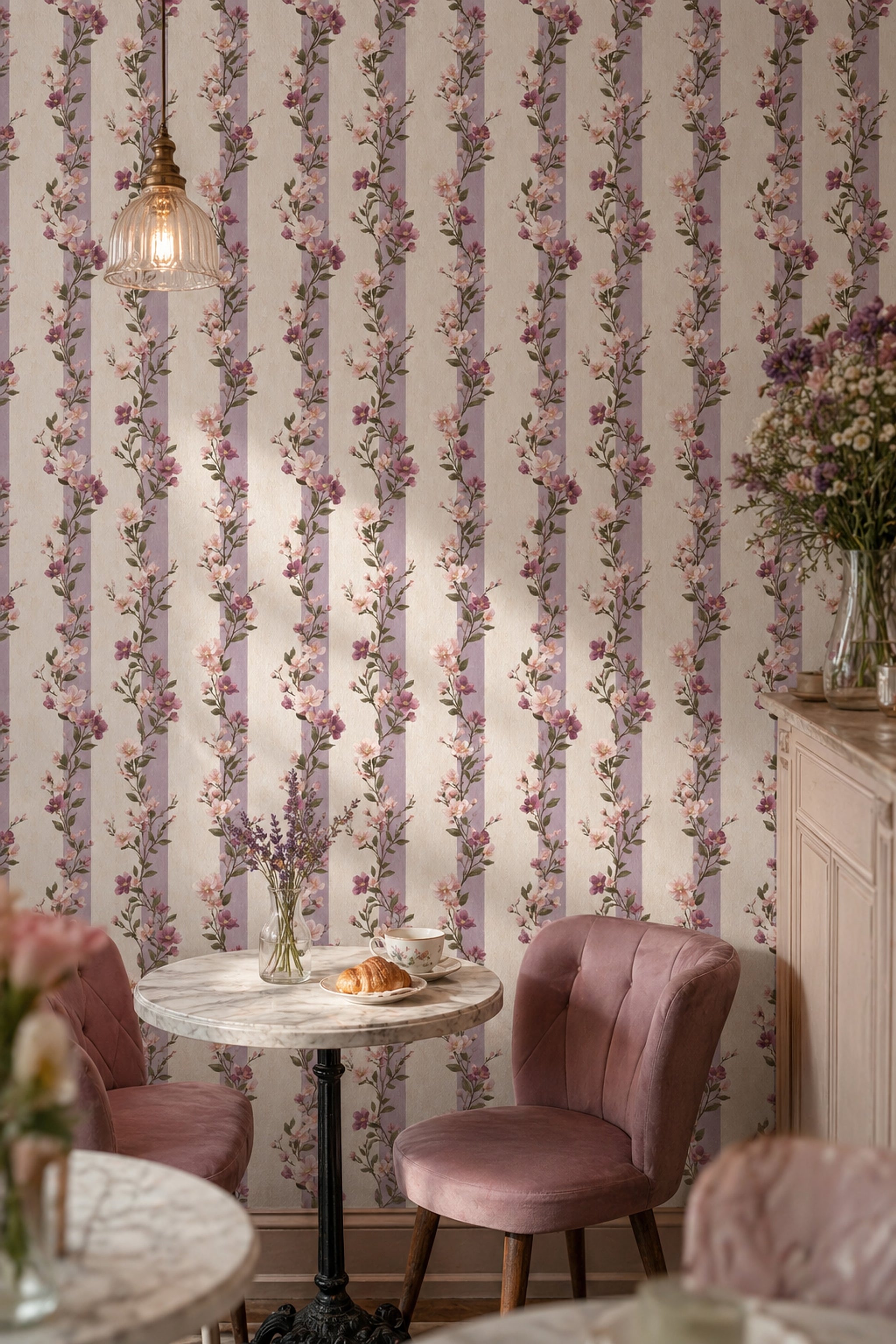 Floral Wallpaper Purple Stripes Romantic Garden Removable Wall Decor
