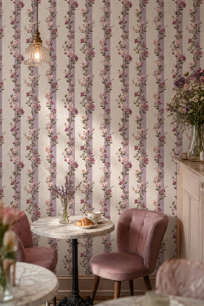 Floral Wallpaper Purple Stripes Romantic Garden Removable Wall Decor