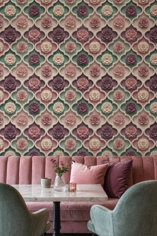 3D Paper Cut Flowers Wallpaper Quatrefoil Trellis Sage Green Decorative Mural