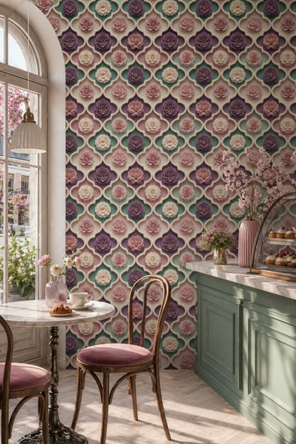 3D Paper Cut Flowers Wallpaper Quatrefoil Trellis Sage Green Decorative Mural