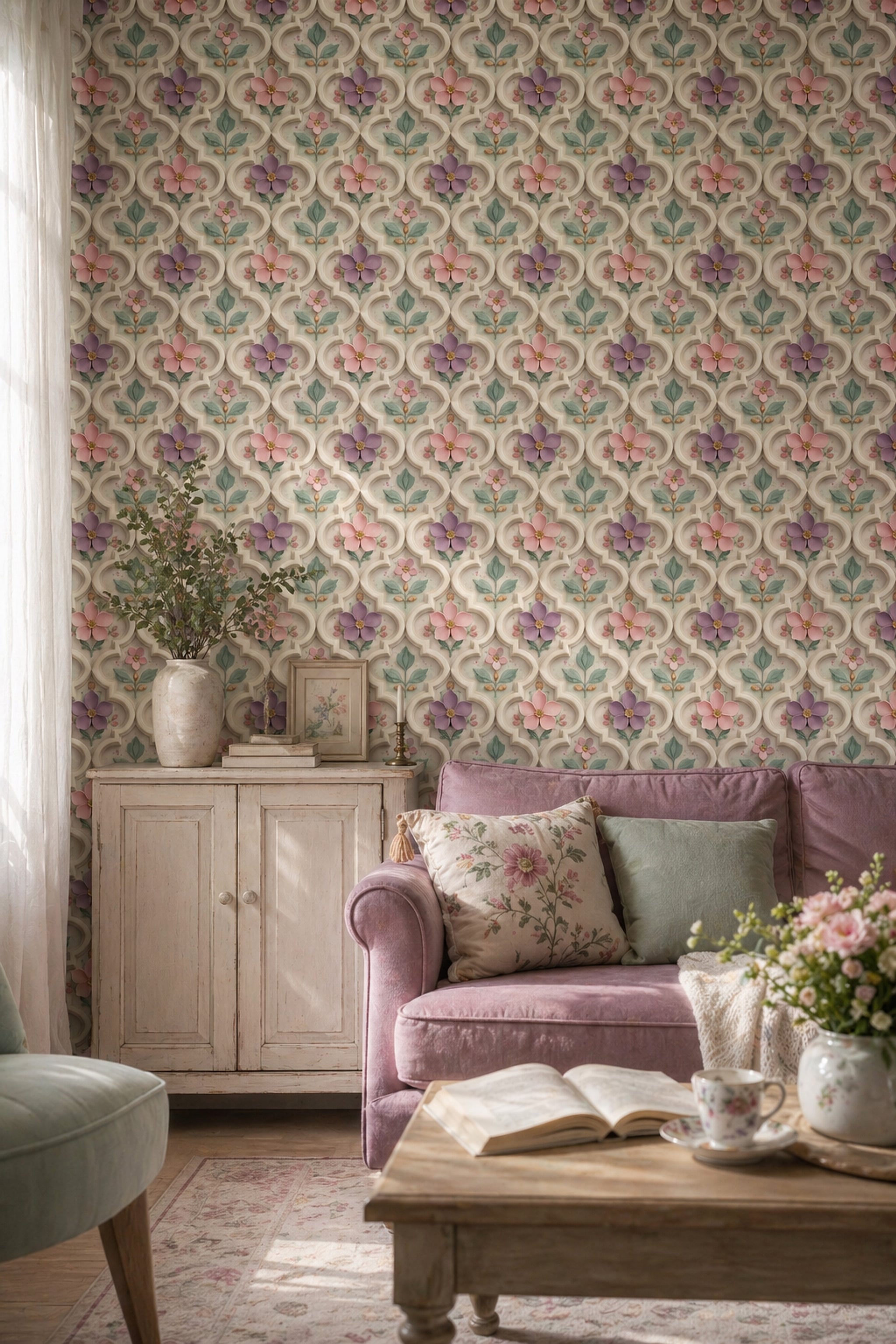 Pastel Floral Wallpaper Trellis Lattice Removable Quatrefoil Wall Decor