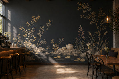Chinoiserie Wallpaper Dark Gold Linework Removable Wall Decor