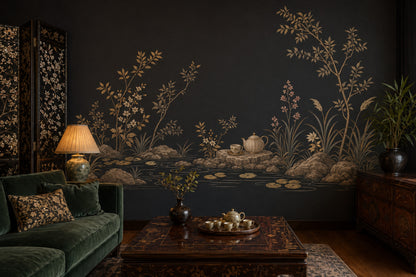 Chinoiserie Wallpaper Dark Gold Linework Removable Wall Decor