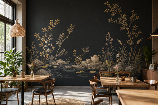 Chinoiserie Wallpaper Dark Gold Linework Removable Wall Decor