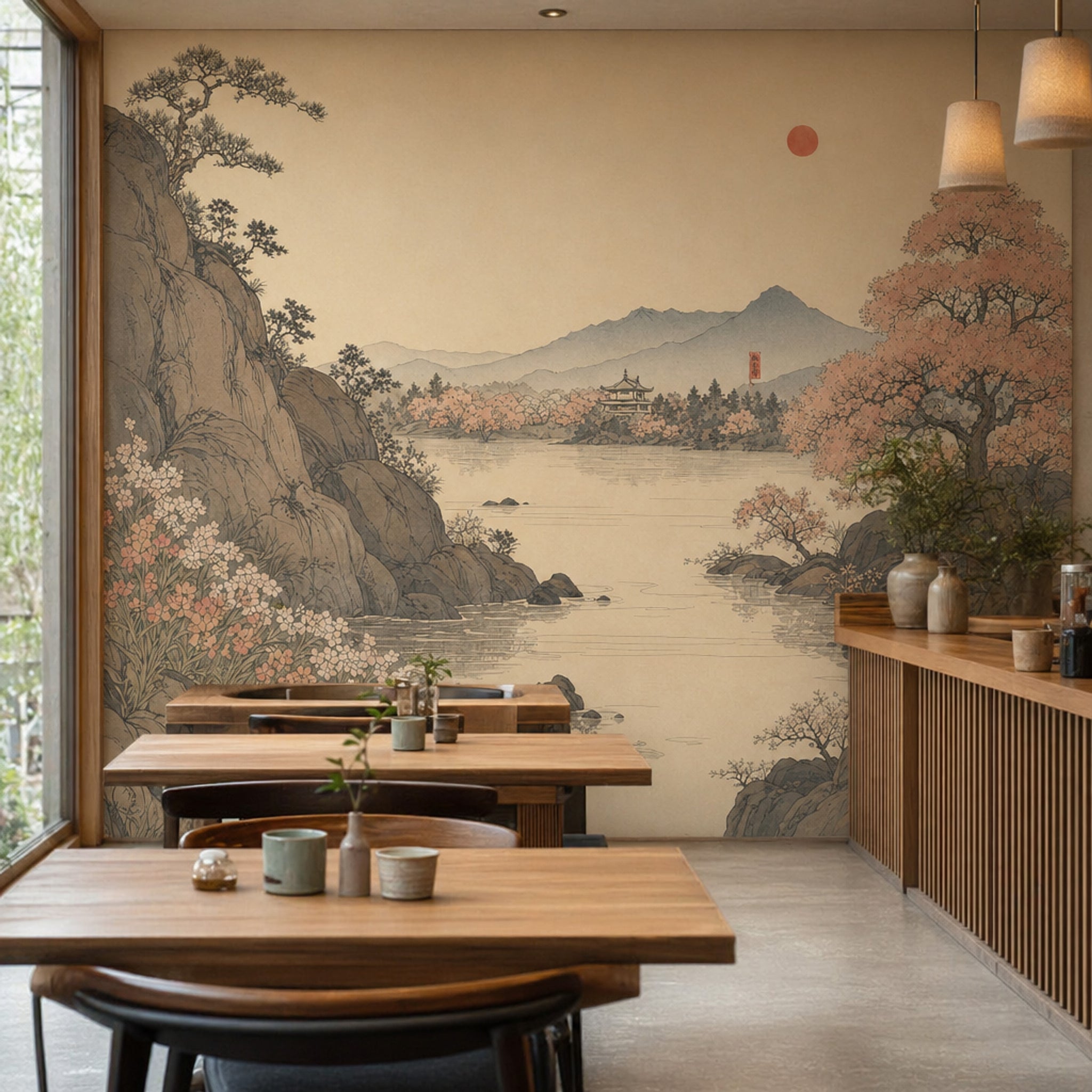Asian Landscape Wallpaper Pagoda Temple Removable Mountains Wall Decor