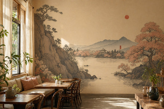 Asian Landscape Wallpaper Pagoda Temple Removable Mountains Wall Decor