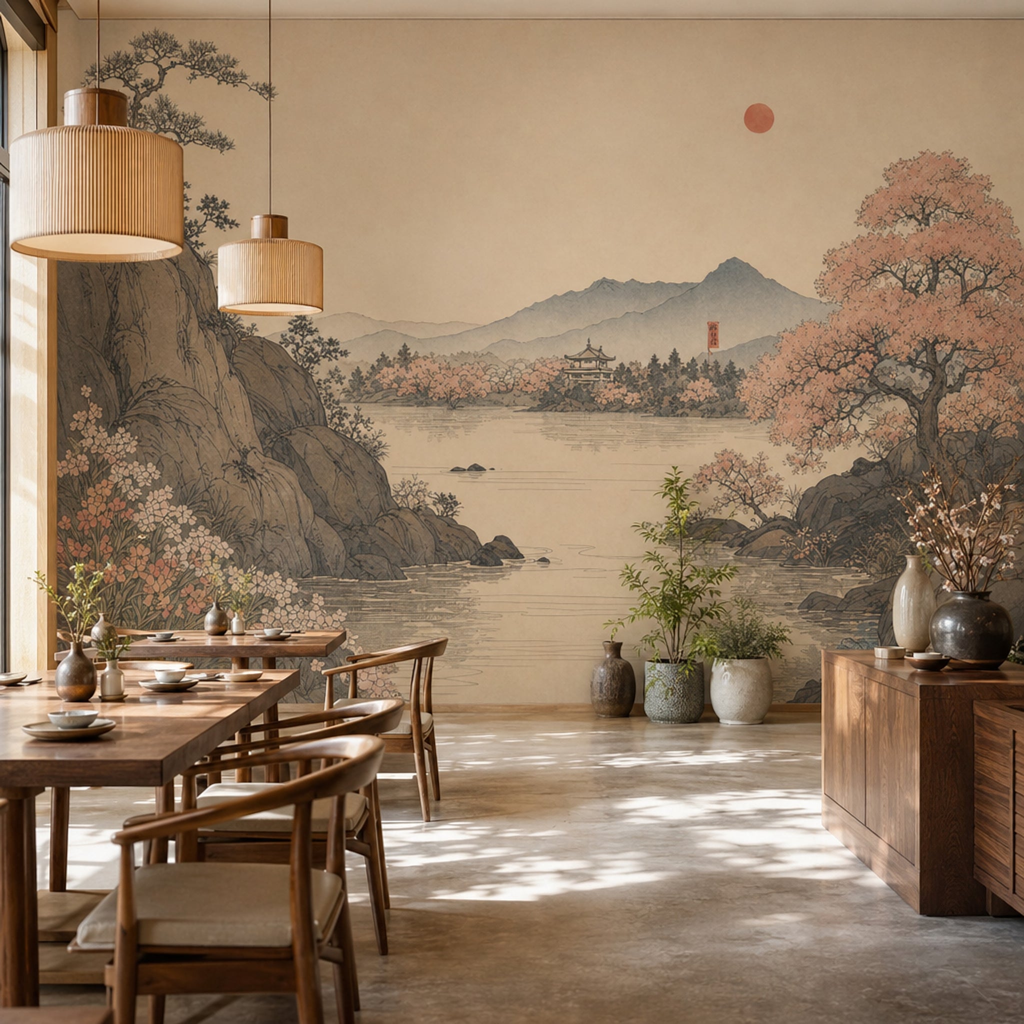 Asian Landscape Wallpaper Pagoda Temple Removable Mountains Wall Decor
