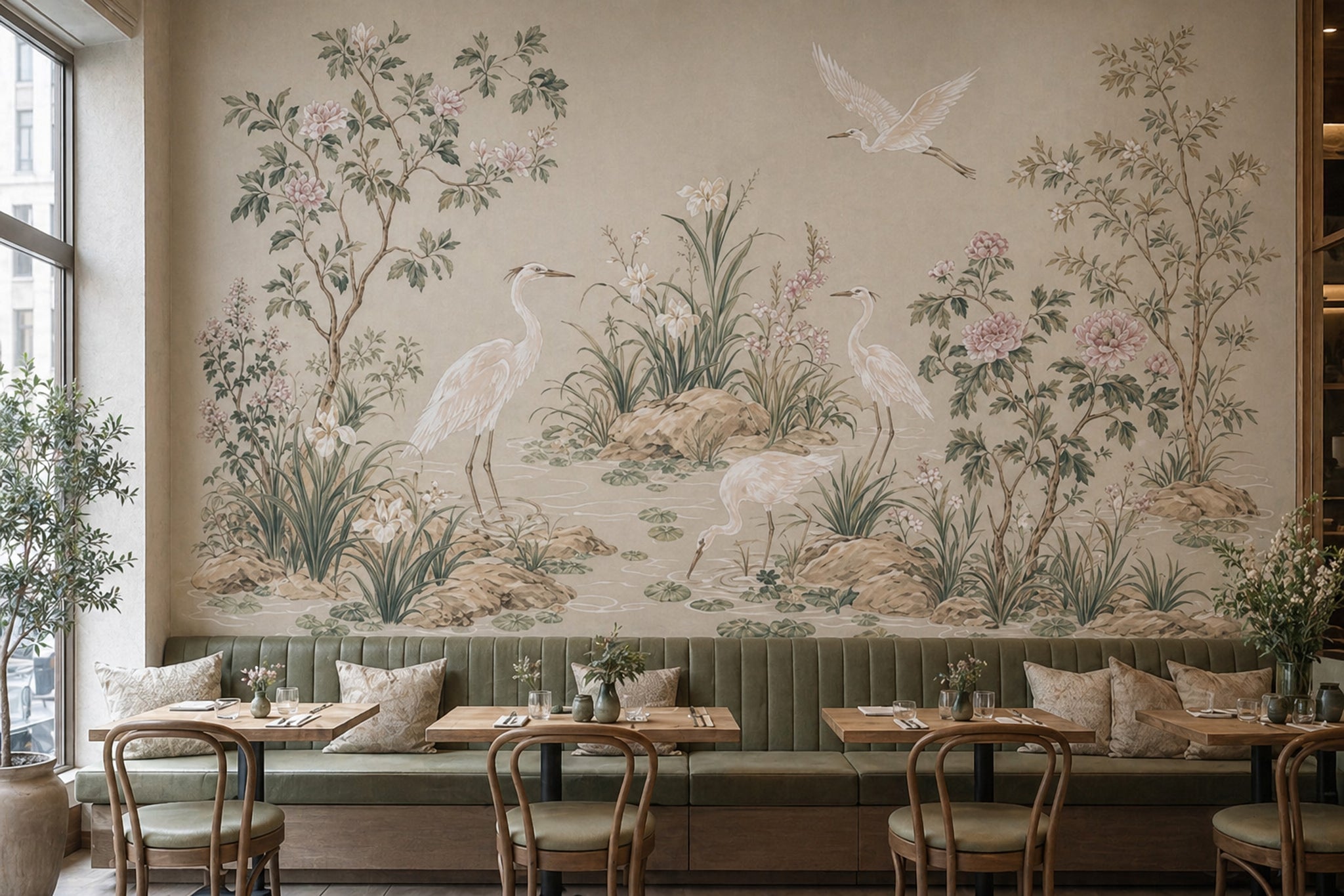 Chinoiserie Wallpaper Wetland Landscape Herons Removable Wall Decor