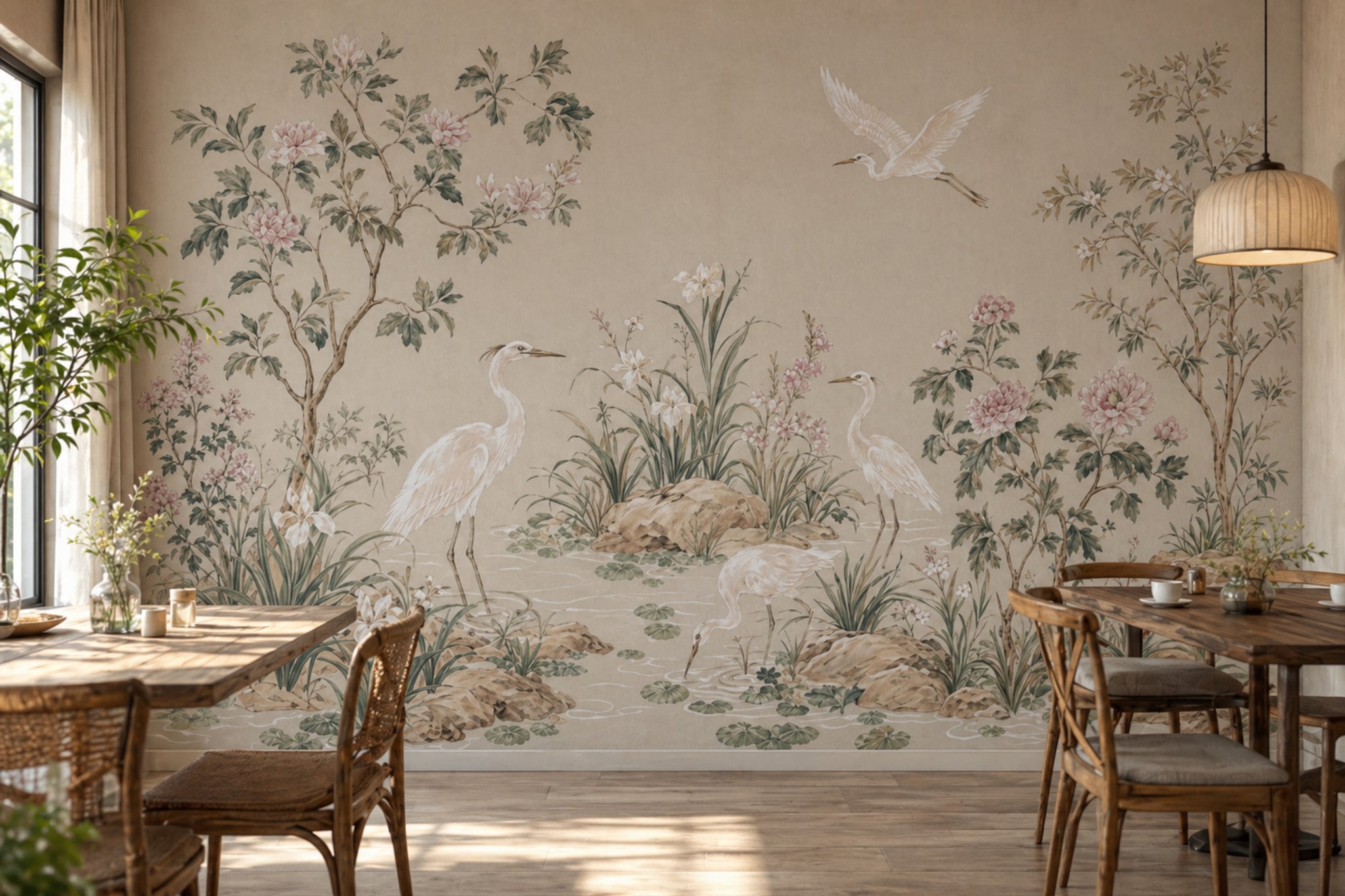 Chinoiserie Wallpaper Wetland Landscape Herons Removable Wall Decor
