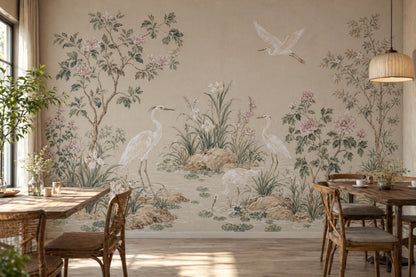 Chinoiserie Wallpaper Wetland Landscape Herons Removable Wall Decor