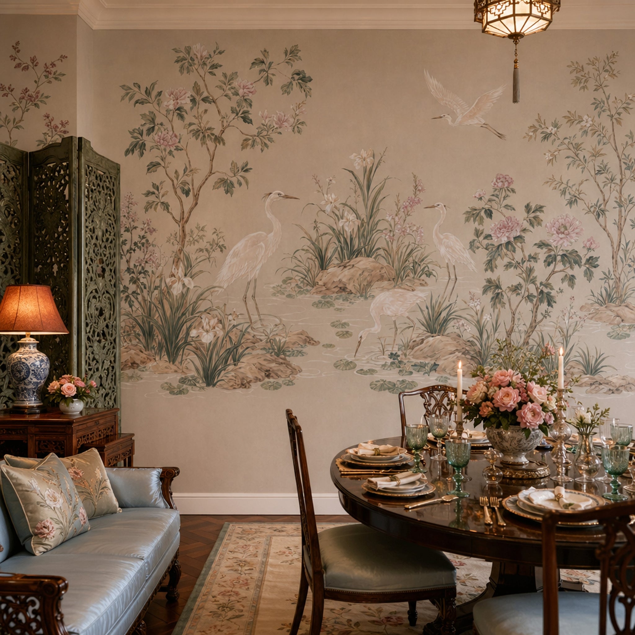 Chinoiserie Wallpaper Wetland Landscape Herons Removable Wall Decor