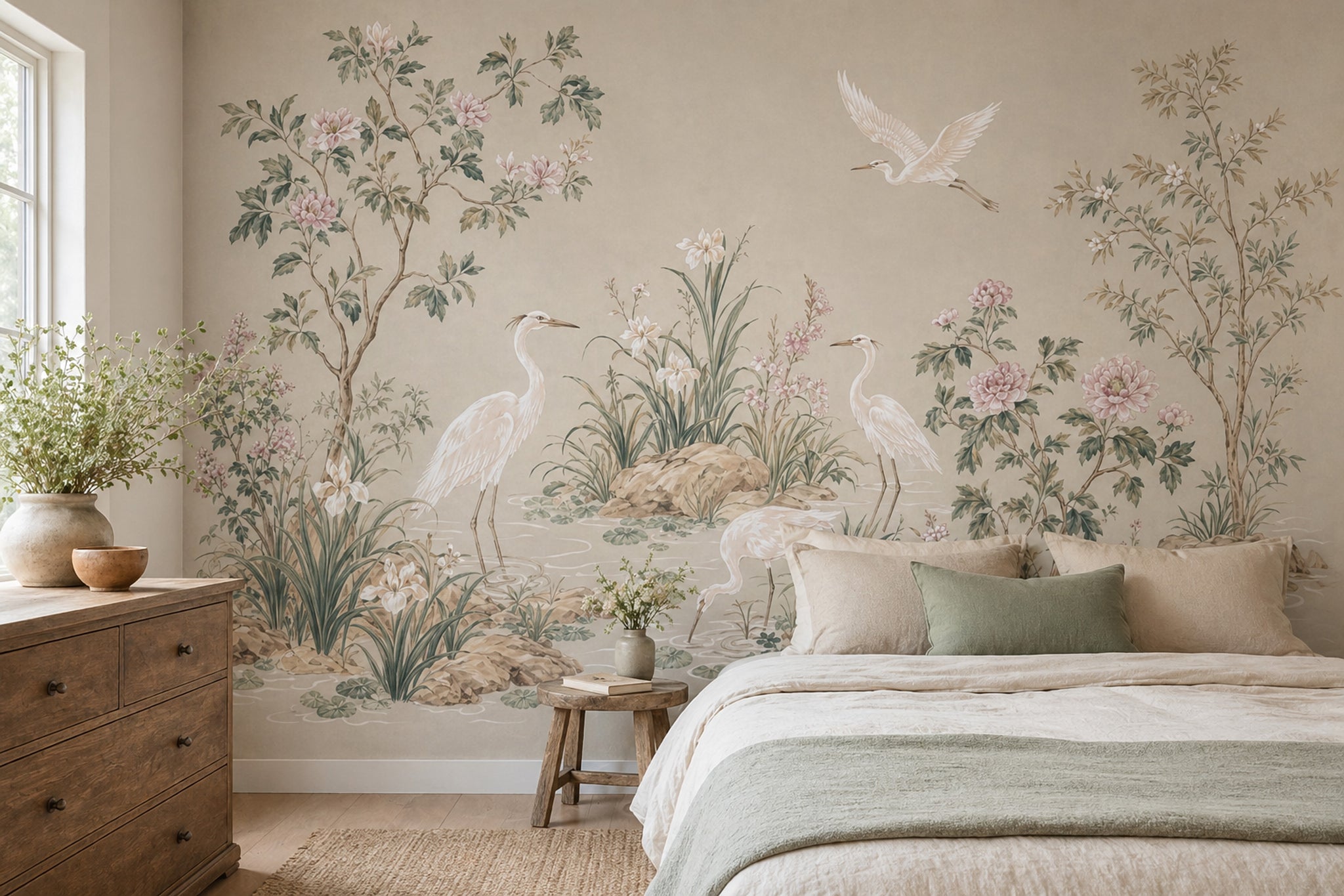 Chinoiserie Wallpaper Wetland Landscape Herons Removable Wall Decor