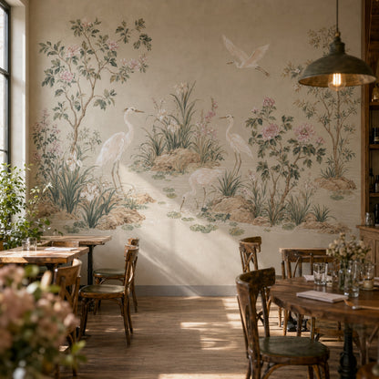 Chinoiserie Wallpaper Wetland Landscape Herons Removable Wall Decor