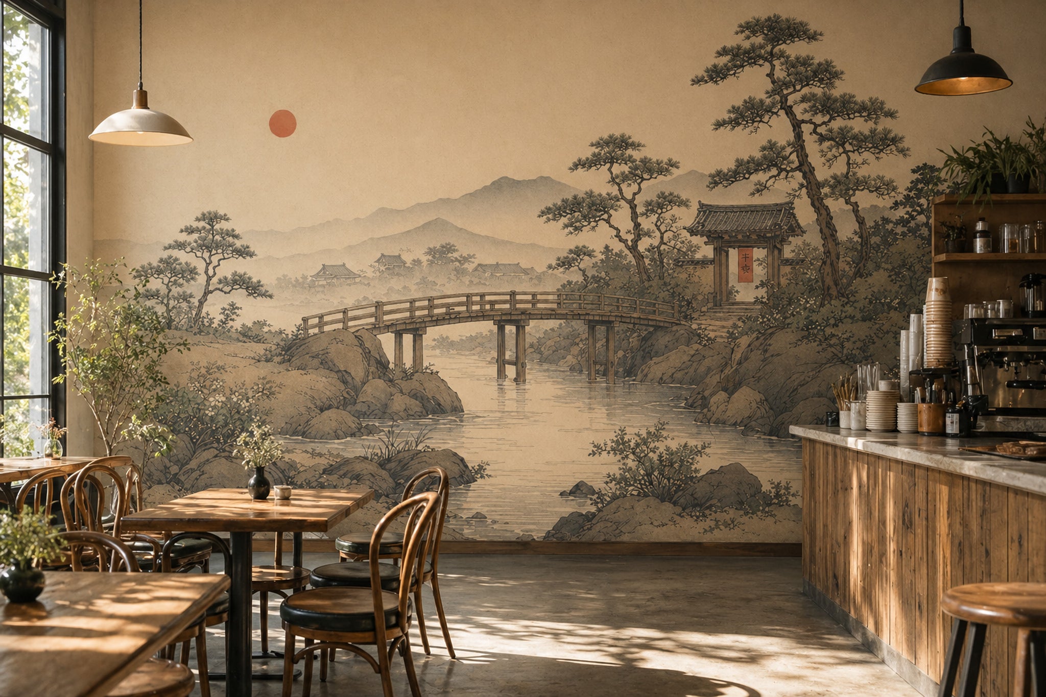 East Asian Landscape Wallpaper Vintage Ink Wash Misty Mountains Wall Mural