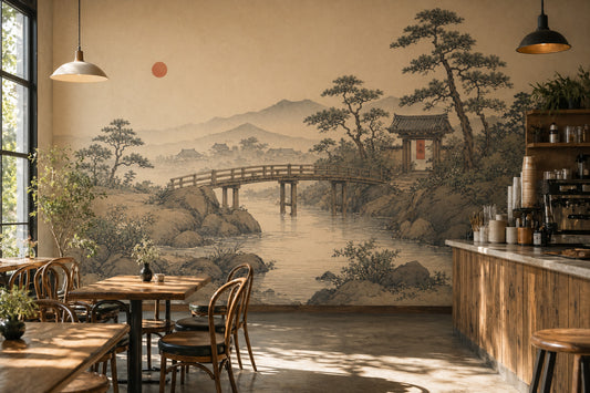 East Asian Landscape Wallpaper Vintage Ink Wash Misty Mountains Wall Mural
