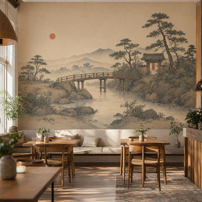 East Asian Landscape Wallpaper Vintage Ink Wash Misty Mountains Wall Mural