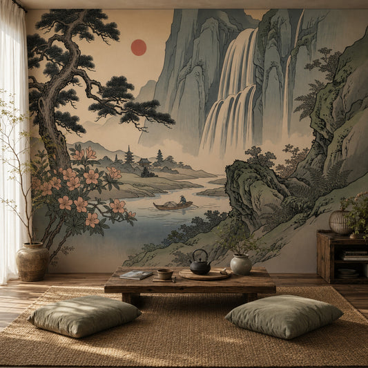 East Asian Landscape Wallpaper Waterfall Mountains And Mist Wall Mural