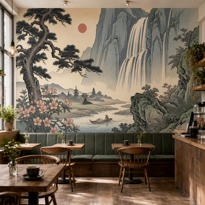 East Asian Landscape Wallpaper Waterfall Mountains And Mist Wall Mural
