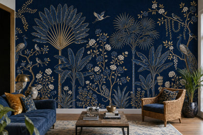 Chinoiserie Wallpaper Dark Navy Removable Tropical Garden Wall Decor