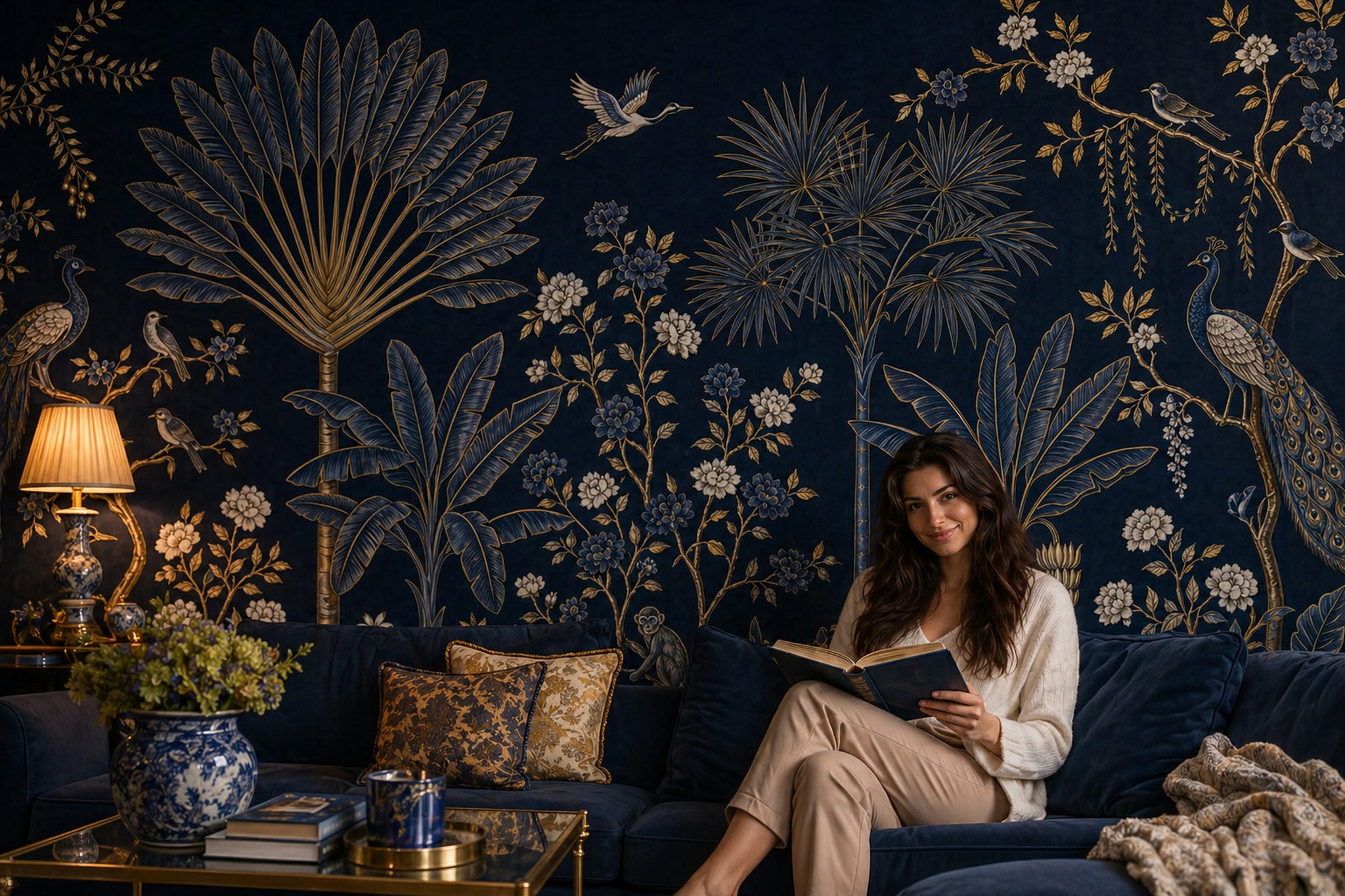 Chinoiserie Wallpaper Dark Navy Removable Tropical Garden Wall Decor
