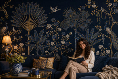 Chinoiserie Wallpaper Dark Navy Removable Tropical Garden Wall Decor