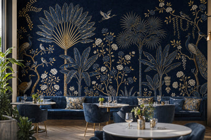 Chinoiserie Wallpaper Dark Navy Removable Tropical Garden Wall Decor