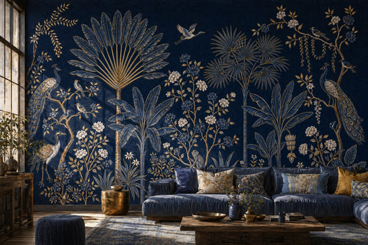 Chinoiserie Wallpaper Dark Navy Removable Tropical Garden Wall Decor