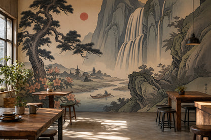 East Asian Landscape Wallpaper Waterfall Mountains And Mist Wall Mural