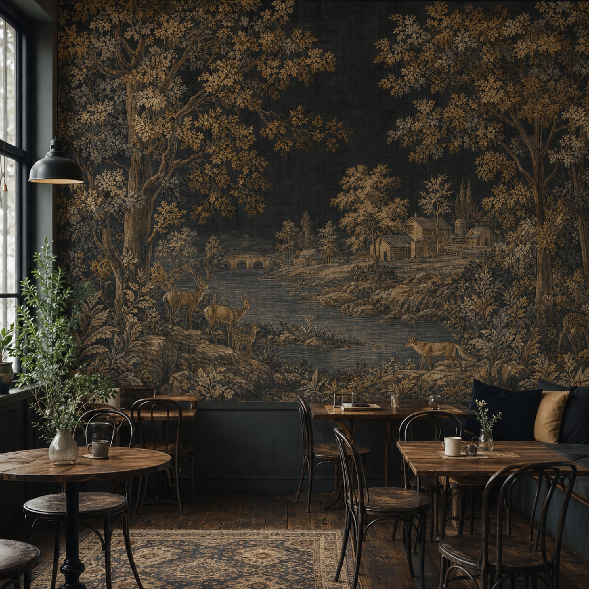 Pastoral Landscape Wallpaper Dark Toile Removable Wall Decor