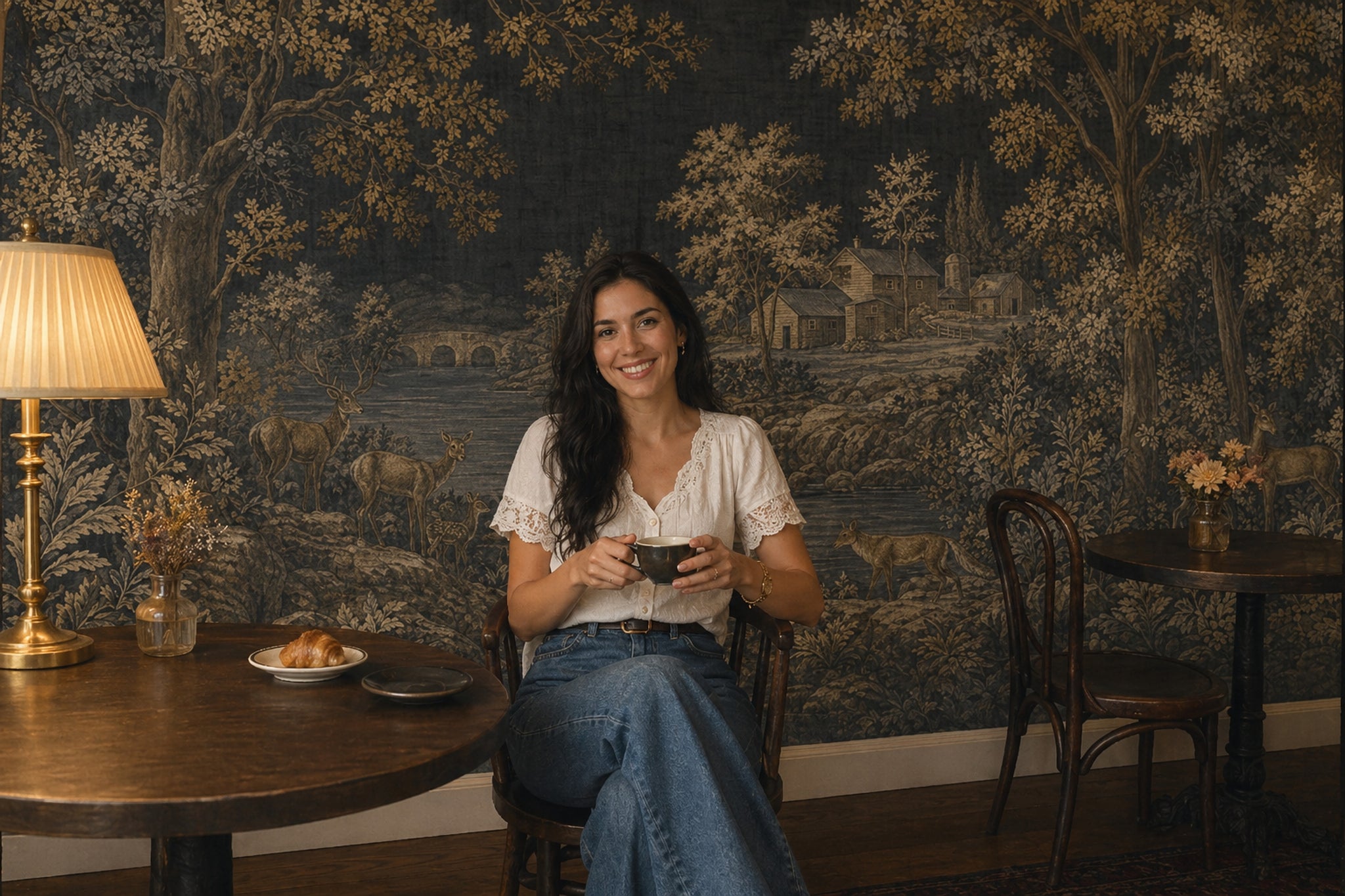 Pastoral Landscape Wallpaper Dark Toile Removable Wall Decor