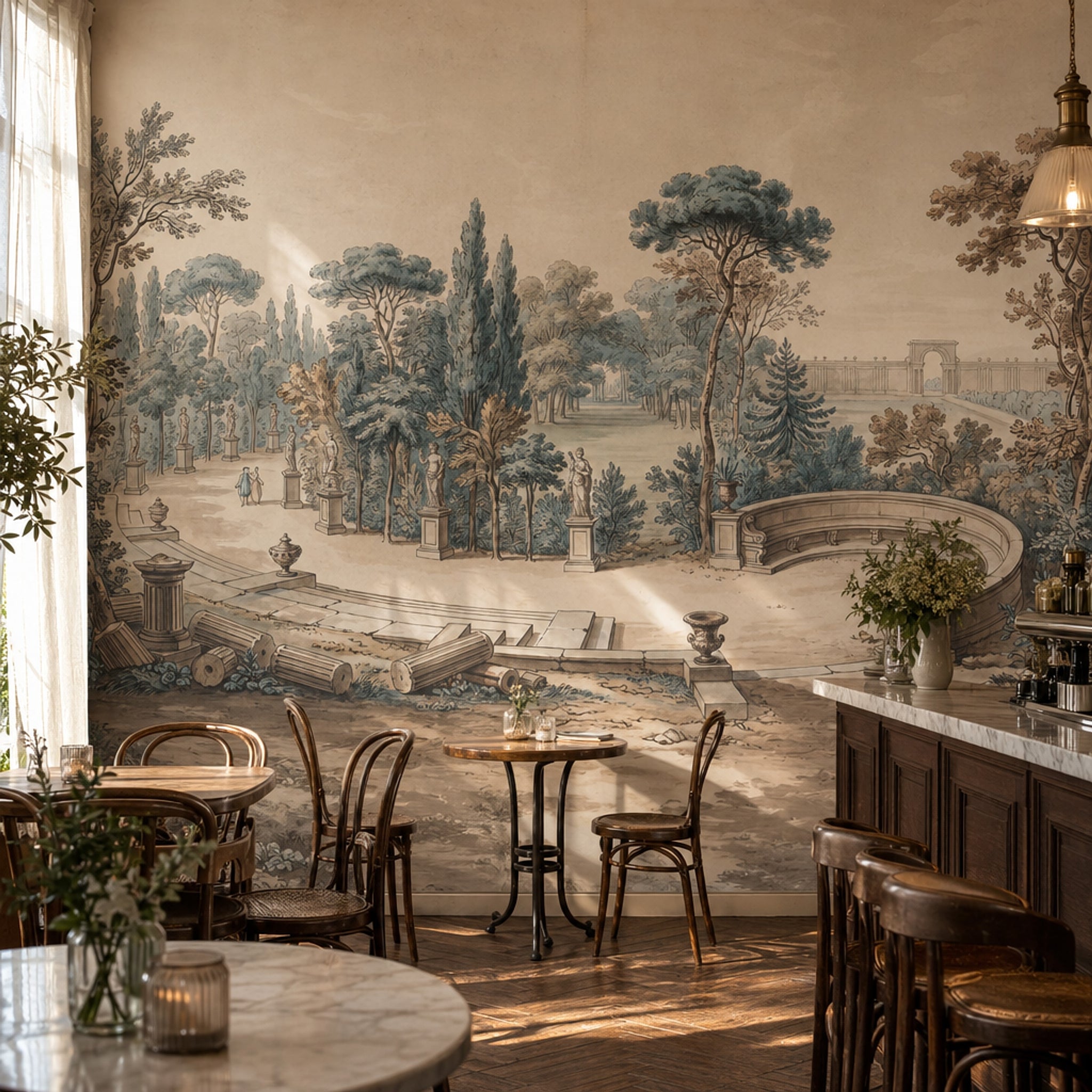 Classical Garden Wallpaper Landscape Mural Toile Illustration Removable Wall Decor