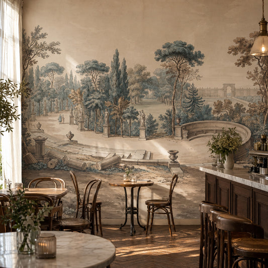 Classical Garden Wallpaper Landscape Mural Toile Illustration Removable Wall Decor