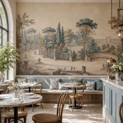 Classical Garden Wallpaper Landscape Mural Toile Illustration Removable Wall Decor