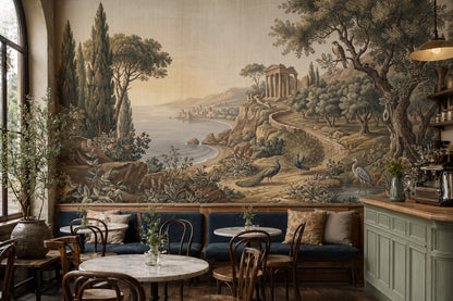 Mediterranean Landscape Wallpaper Classical Temple Ruins Removable Coastal Bay Wall Decor