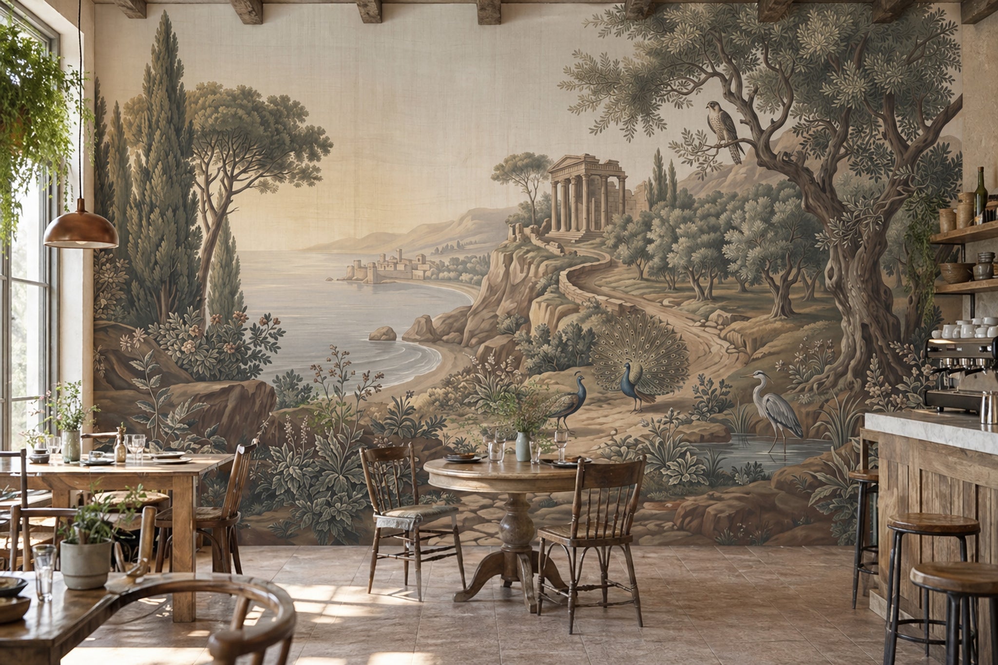Mediterranean Landscape Wallpaper Classical Temple Ruins Removable Coastal Bay Wall Decor