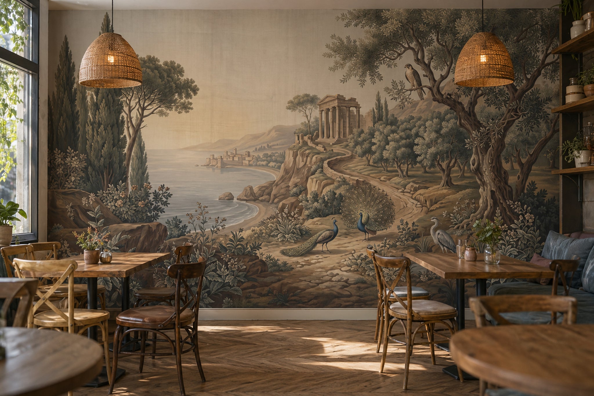 Mediterranean Landscape Wallpaper Classical Temple Ruins Removable Coastal Bay Wall Decor