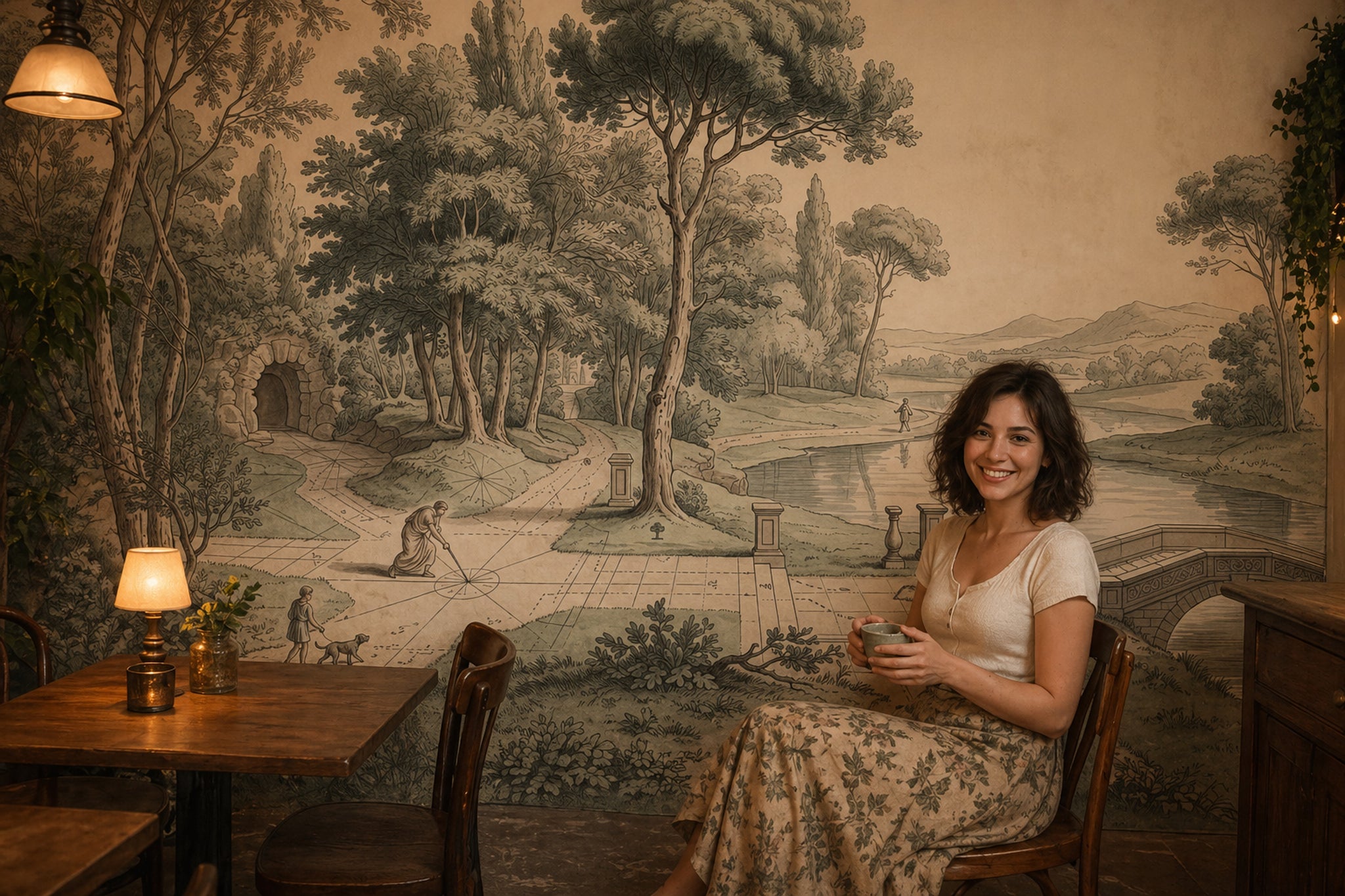 Scenic Landscape Wallpaper Lakeside View Vintage Engraving Wall Mural